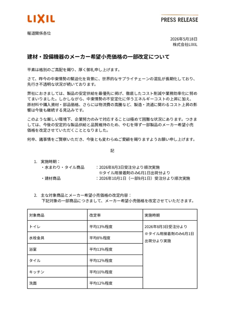 建材・設備機器のメーカー希望小売価格の一部改定について