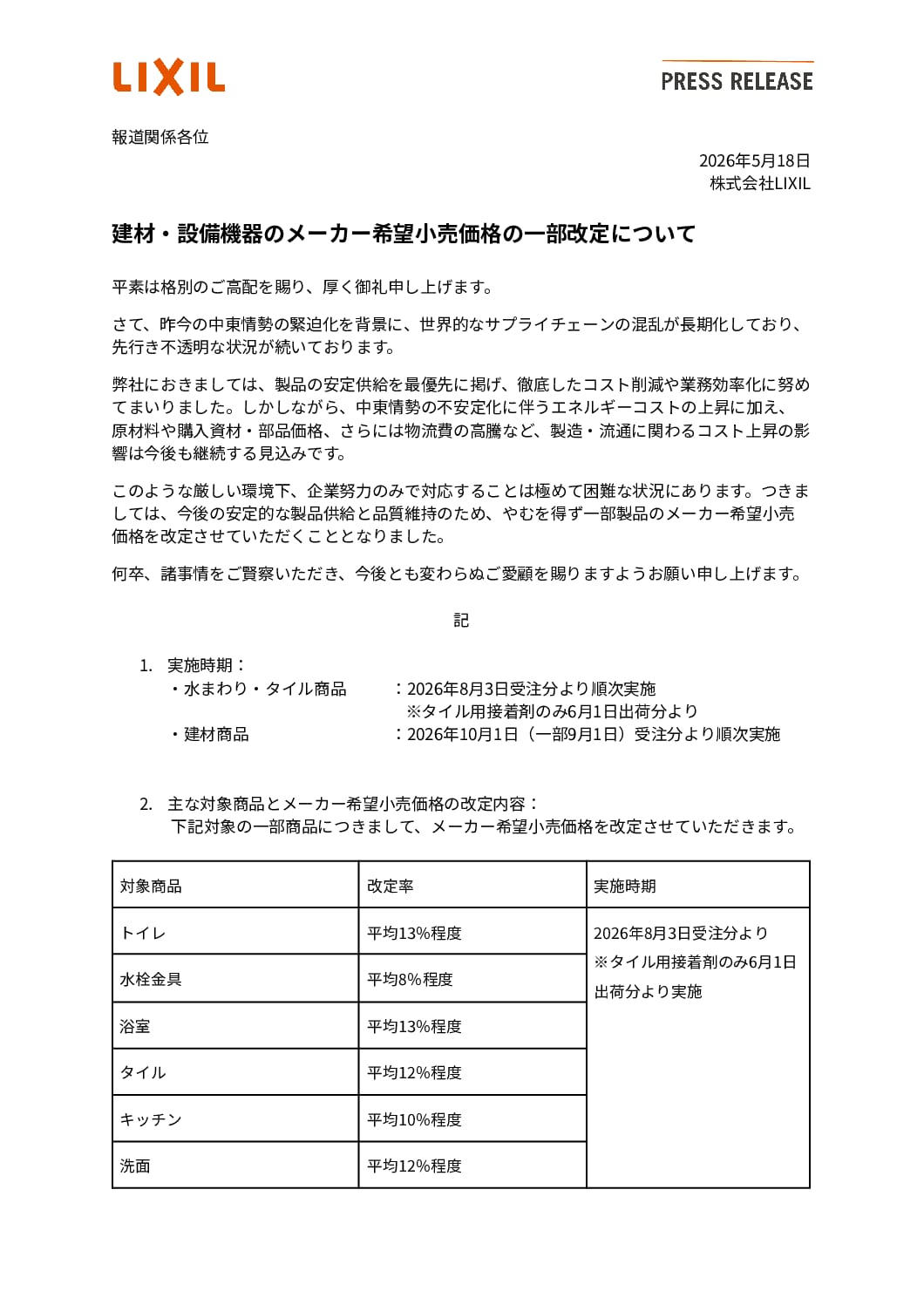 建材・設備機器のメーカー希望小売価格の一部改定について 建材・設備機器のメーカー希望小売価格の一部改定について